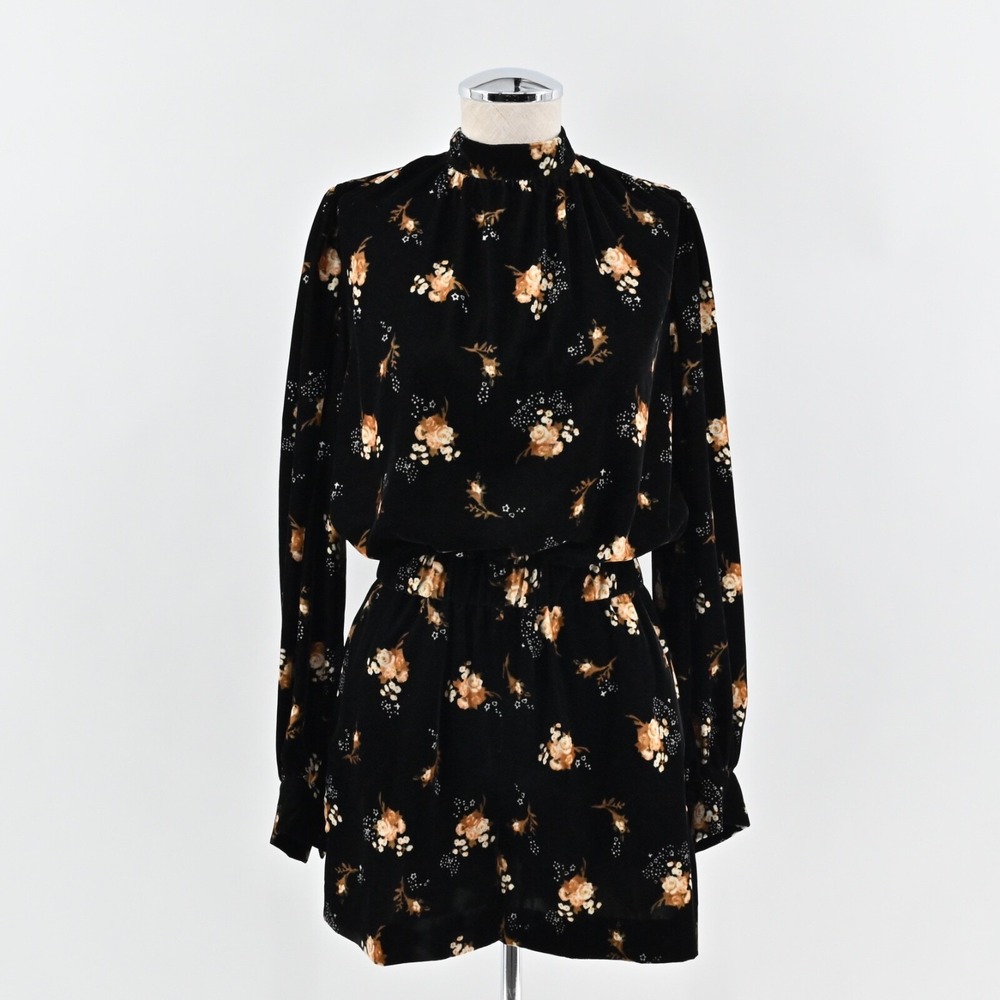 MAJE Womens Inouk Playsuit‎ Size 36 Black Floral Velvet High Neck Long Sleeve